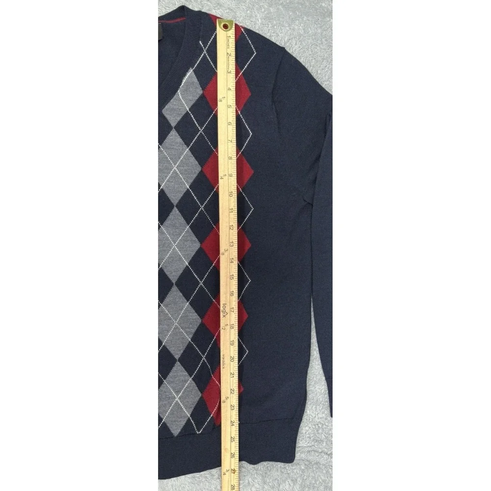 Banana Republic Mens M 100% Merino Wool Sweater Blue Red Argyle V Neck Preppy